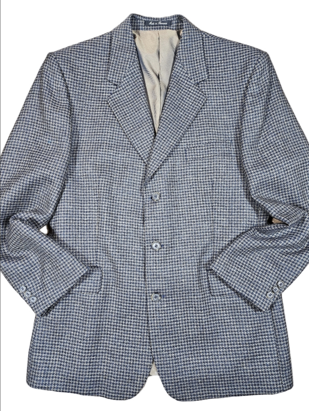 Vintage J Riggings 100% Wool Tweed Blue Tan Houndstooth Sport Coat Blazer 42R